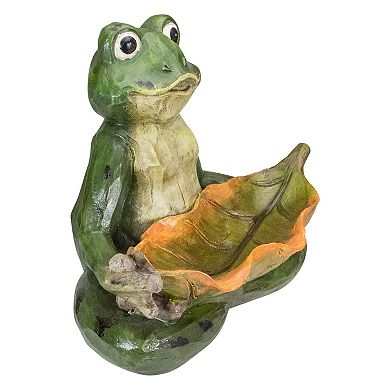 14" Green Frog with Leaf Birdfeeder Outdoor Garden Statue