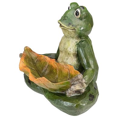 14" Green Frog with Leaf Birdfeeder Outdoor Garden Statue