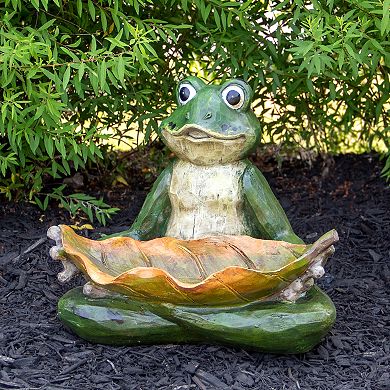 14" Green Frog with Leaf Birdfeeder Outdoor Garden Statue