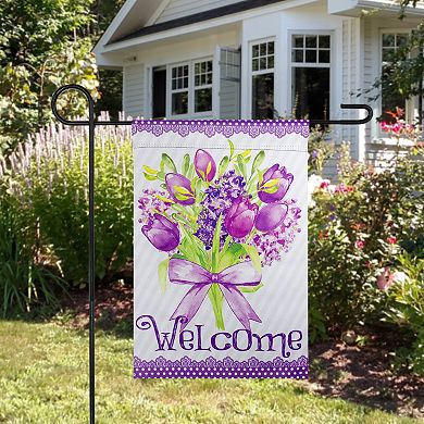 Welcome Purple Floral Bouquet Outdoor Garden Flag 12.5" x 18"