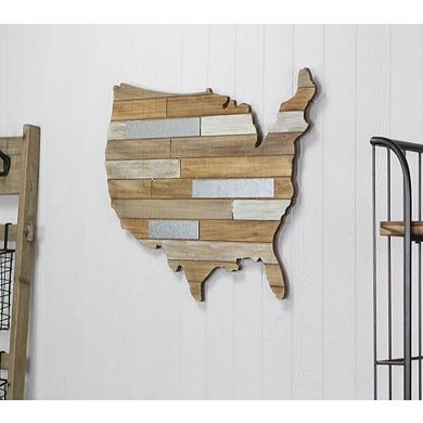 31" Brown Galvanized Striped USA Map Wall Sign