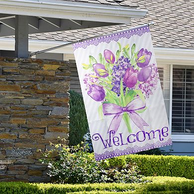 Welcome Purple Floral Bouquet Outdoor House Flag 28" x 40"