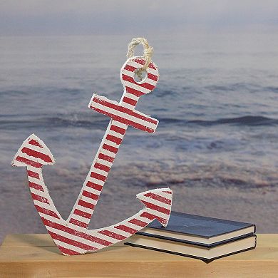 15.75" Red and White Striped Nautical Anchor with Hanging Rope Wall Art