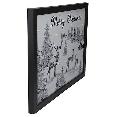 Lighted Black and White Winter Scene Merry Christmas Canvas Wall Art 11.75" x 15.75"