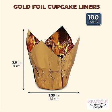 100 Pack Tulip Cupcake Liners for Baking, Gold Foil Muffin Liners for Baking and Decor (3.25 x 2.8 In)
