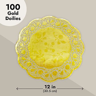 100 Pack 12 Inch Gold Doilies, Round Paper Placemats For Weddings, Desserts
