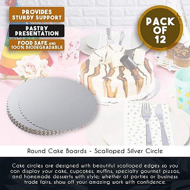 12-Pack Round Cake Boards, Cardboard Scalloped Cake Circle Bases, 10 Inches Diameter, Silver