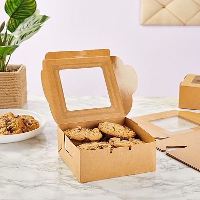 Brown Bakery Boxes with Window for Cookies, Mini Cake, Dessert, Pastry (6 x 6 x 2.5 In, Kraft Paper, 50 Pack)