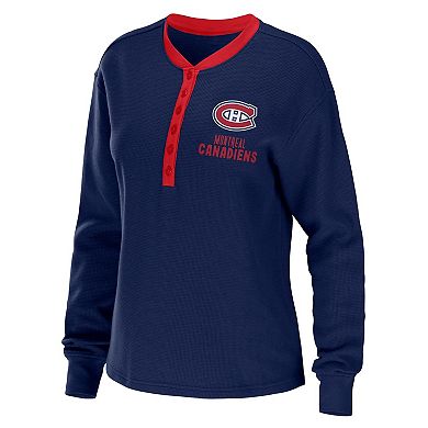 Women's WEAR by Erin Andrews Navy Montreal Canadiens Waffle Henley Long Sleeve T-Shirt