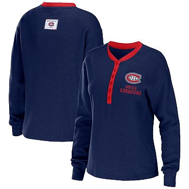 Women's WEAR by Erin Andrews Navy Montreal Canadiens Waffle Henley Long Sleeve T-Shirt