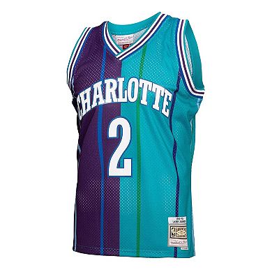 Men's Mitchell & Ness Larry Johnson Teal/Purple Charlotte Hornets Hardwood Classics 1992/93 Split Swingman Jersey