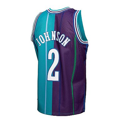 Men's Mitchell & Ness Larry Johnson Teal/Purple Charlotte Hornets Hardwood Classics 1992/93 Split Swingman Jersey