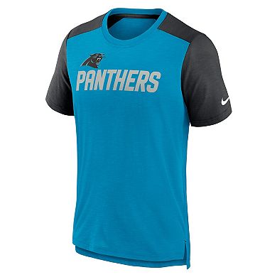 Men's Nike Heathered Blue/Heathered Black Carolina Panthers Color Block Team Name T-Shirt