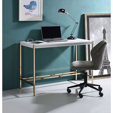 Modern Midriaks Writing Desk with USB Port in White & Gold Finish