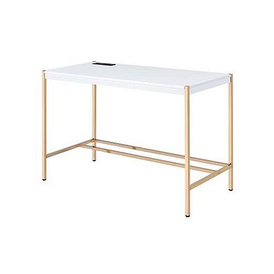 Modern Midriaks Writing Desk with USB Port in White & Gold Finish