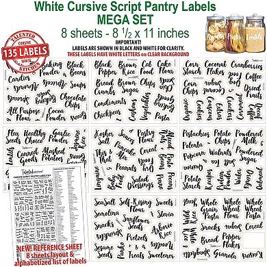 Talented Kitchen 135 White Cursive Pantry Labels  Kitchen Pantry Names Food Label Sticker, Water Resistant Pantry Labels for Containers, Jar Labels Pantry Organization and Storage. 135 White Cursive