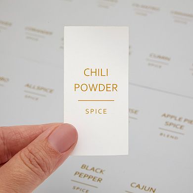 140 Pc Gold Spice Jar Labels, Minimalist Preprinted All Caps on White Stickers