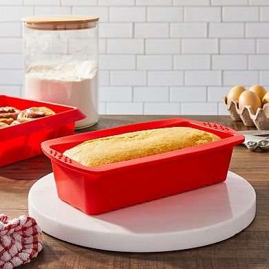 4-Piece Red Silicone Bakeware Set with Square Brownie Pan, Bread Loaf, Round Cake and Pie Pans