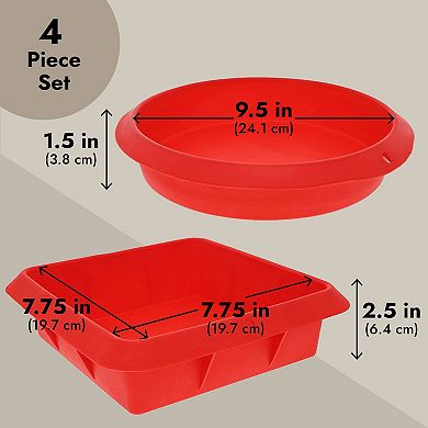 4-Piece Red Silicone Bakeware Set with Square Brownie Pan, Bread Loaf, Round Cake and Pie Pans