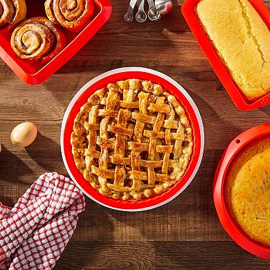 4-Piece Red Silicone Bakeware Set with Square Brownie Pan, Bread Loaf, Round Cake and Pie Pans