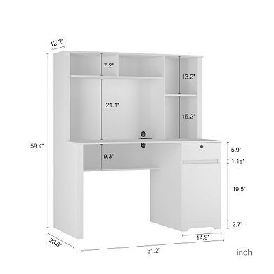FC Design 55"W USB Writing Desk with 2 Drawers and Open Shelves Storage Cabinet in White Oak & Distressed Grey Finish