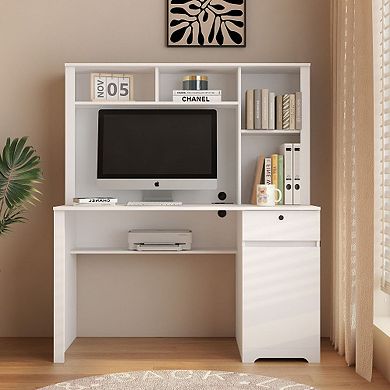 FC Design 55"W USB Writing Desk with 2 Drawers and Open Shelves Storage Cabinet in White Oak & Distressed Grey Finish