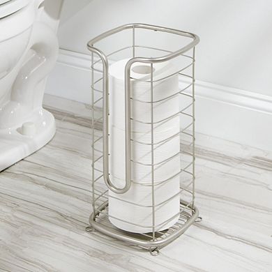 mDesign Metal Free Standing Toilet Paper Stand, Holds 3 Rolls - Satin