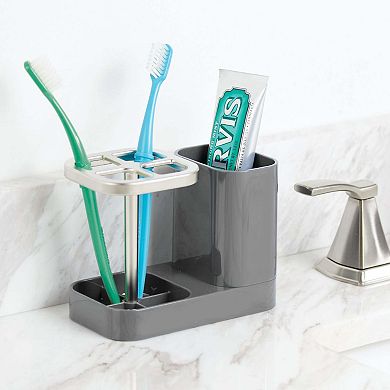 mDesign Plastic Toothbrush Storage Organizer Holder with Cup - Cream/Bronze