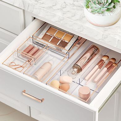 mDesign Plastic Cosmetic Storage Drawer Organizer Bin - 12 Pack, Clear/Rose Gold