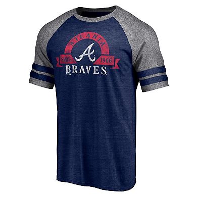 Men's Fanatics Branded Heather Navy Atlanta Braves Utility Two-Stripe Raglan Tri-Blend T-Shirt