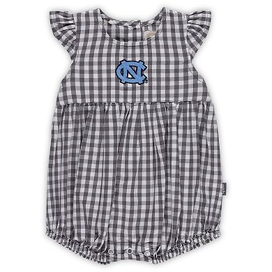 Girls Infant Garb Charcoal North Carolina Tar Heels Cara Woven Gingham Ruffled Bodysuit