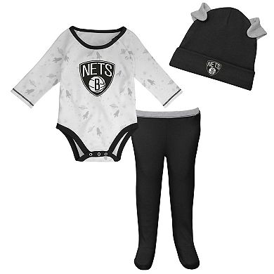 Newborn & Infant White/Black Brooklyn Nets Three-Piece Dream Team Long Sleeve Bodysuit Cuffed Knit Hat & Footed Pants Set