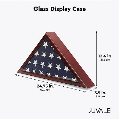 American Flag Display Case for Memorial Service and Veteran Burial, Glass Shadow Box for Military Flags (Cherry Wood Finish, 24.7 x 12.4 x 3.5 In)