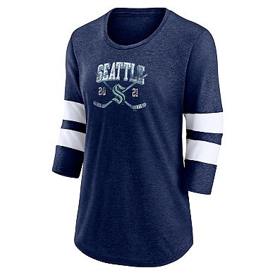 Women's Fanatics Branded Heather Deep Sea Blue Seattle Kraken Line Shift Tri-Blend Three-Quarter Sleeve T-Shirt