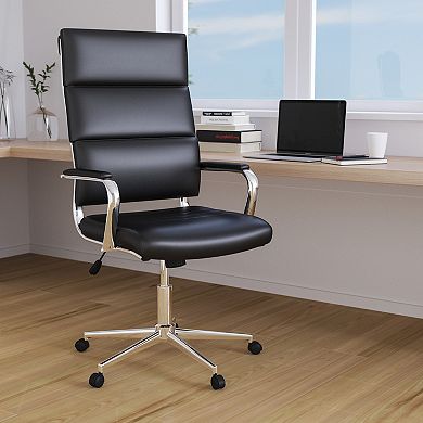 Merrick Lane Austen Black High Panel-Back Ergonomic Office Chair with Padded Chrome Arms Executive Faux Leather Swivel Computer Desk Chair