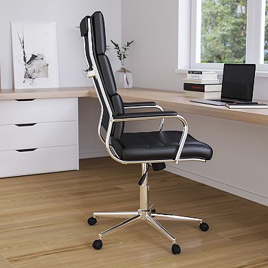 Merrick Lane Austen Black High Panel-Back Ergonomic Office Chair with Padded Chrome Arms Executive Faux Leather Swivel Computer Desk Chair