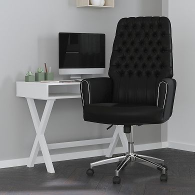 Merrick Lane Moselle White High Back Button Tufted Faux Leather Swivel Home Office Chair with Silver Welt Trimmed Arms