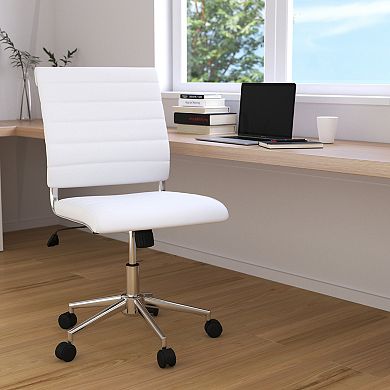 Merrick Lane Corrina Black Ergonomic Swivel Office Chair Ribbed Faux Leather Back and Seat Mid-Back Armless Computer Desk Chair with Chrome Base