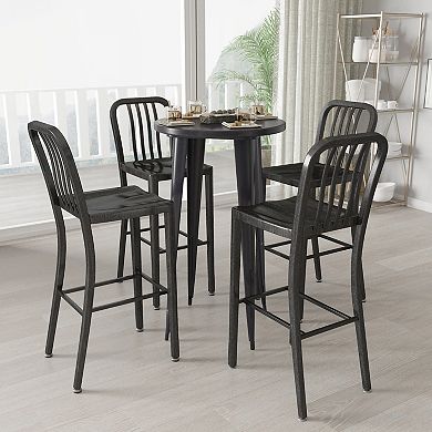 Merrick Lane Evelyne 5 Piece Outdoor Dining Set in Antique Black with 24" Round Table and 4 Slatted Back Bar Stools with Footrests