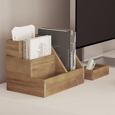 Merrick Lane Cecil 3 Piece Desk Organizer Set for Desktop, Countertop, or Vanity in Galvanized Finished Metal and Rustic Wood