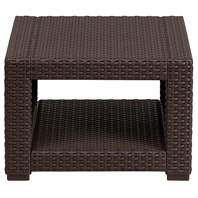 Merrick Lane Malmok Outdoor Furniture Side Table Chocolate Brown Faux Rattan Wicker Pattern All-Weather Patio Side Table With Shelving