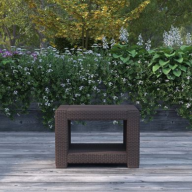 Merrick Lane Malmok Outdoor Furniture Side Table Chocolate Brown Faux Rattan Wicker Pattern All-Weather Patio Side Table With Shelving