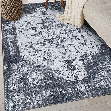 World Rug Gallery Vintage Distressed Medallion Machine Washable Area Rug