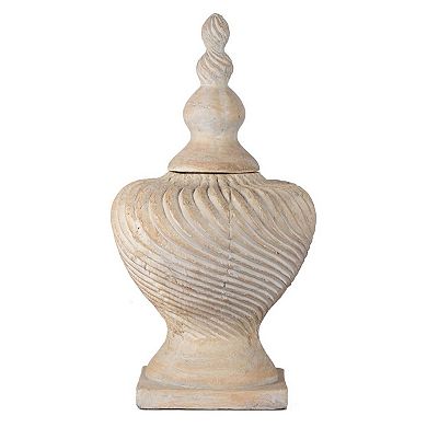 21" Beige Distressed Geometric Finial Lidded Swirl Vase