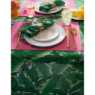 Green and White Banana Leaf Rounded Tablecloth 60”