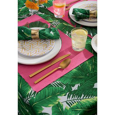 Green and White Banana Leaf Rounded Tablecloth 60”