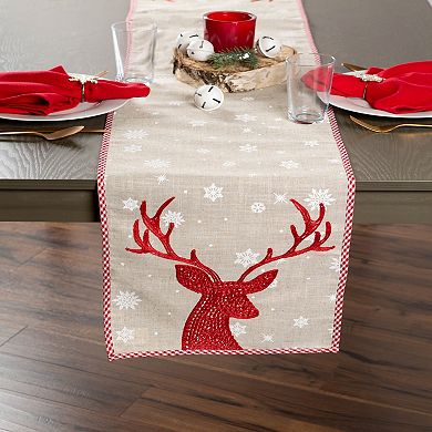 72" Red Reindeer and Snowflakes Embroidered Christmas Table Runner
