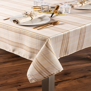 104" Cream White and Brown Metallic Plaid Rectangular Tablecloth