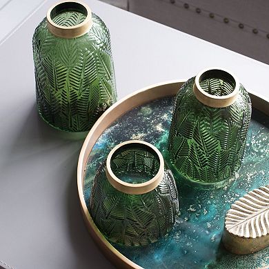 8" Green and Gold Fern Leaf Design Modern Glass Vase