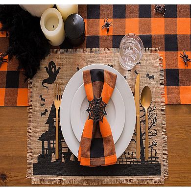 14" x 108" Orange And Black Rectangular Buffalo Checkered Halloween Table Runner